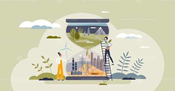 Environmental change as hourglass with urbanization scene tiny person concept