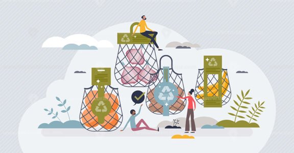 Environmental friendly packaging with eco recyclable bag tiny person concept