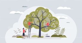 Environmental science study for sustainable future energy tiny person concept