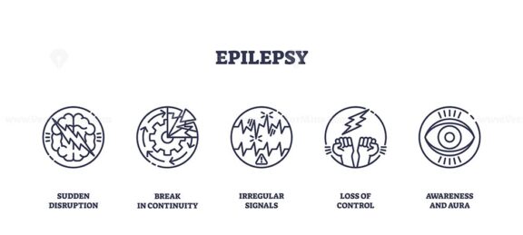 Epilepsy is illustrated with outline icons showing brain disruption, irregular signals, loss of control, and awareness changes. Outline icons set