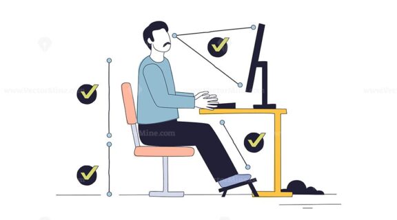 Ergonomics for remote work shows a person at a desk with correct posture, monitor height, and footrest for healthy workspace. Doodle style