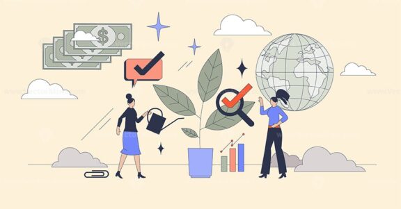 ESG investing or nature friendly investments tiny person neubrutalism concept