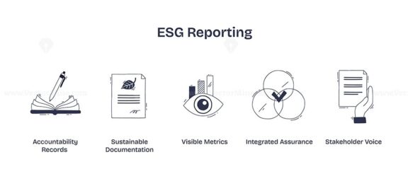 ESG reporting highlights accountability, sustainability, and stakeholder engagement using books, documents, and visual metrics. Doodle style icons