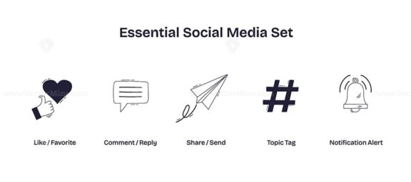 Essential social media set features icons for like, comment, share, tag, and notification, representing core digital interactions. Doodle style icons