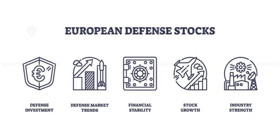 European defense stocks concept with shield, graph, and vault symbols. Outline style.