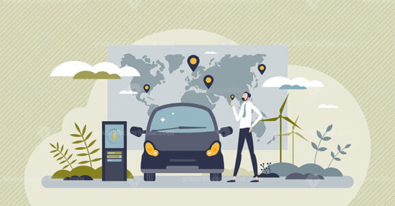 EV charging stations network with plug in recharge map tiny person concept