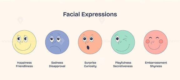 Facial expressions show emotions like happiness, sadness, and surprise with minimalist icons. Neubrutalism style