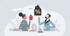 Family house mortgage and home purchase using bank loan tiny person concept