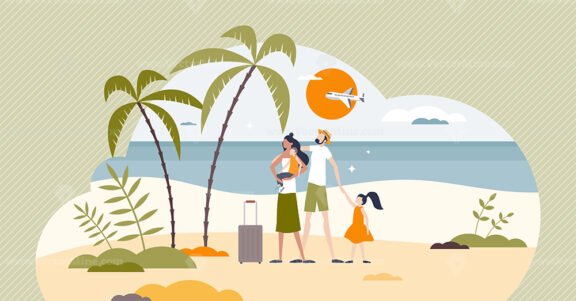 Family on vacation and parents with children at beach tiny person concept