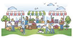 Farmers market and fresh grocery shopping from food bazaar outline concept