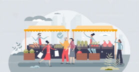 Farmers market scene with grocery assortment kiosks tiny person concept