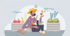 Farmers market scene with local food or grocery supplier tiny person concept