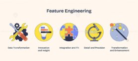 Feature engineering icons with tools, puzzle, and microscope represent transformation and precision. Neubrutalism style.