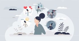 Feeling expressions and psychological mental emotions tiny person concept