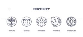 Fertility icons depict new life, growth, and nurturing. Key objects, plant, footprints, hands. Outline icons set.