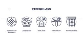 Set of outline icons representing fiberglass properties, strength, lightweight, insulation, versatility, and reinforcement, outline icons set.