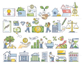 Finance set with financial and money items for business outline collection
