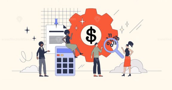 Financial analysis and planning for company profit retro tiny person concept