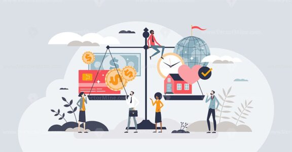 Financial independence and healthy work life balance tiny person concept