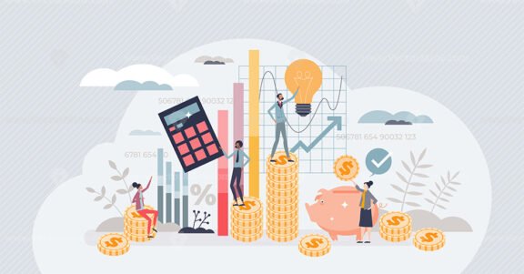 Financial literacy and money or investment management tiny person concept