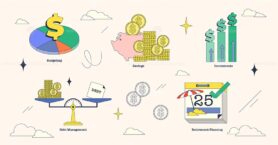 Illustration of financial planning concepts like budgeting, savings, investments, debt management, and retirement planning in neubrutalism style collection.