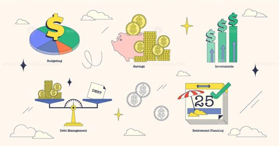 Illustration of financial planning concepts like budgeting, savings, investments, debt management, and retirement planning in neubrutalism style collection.
