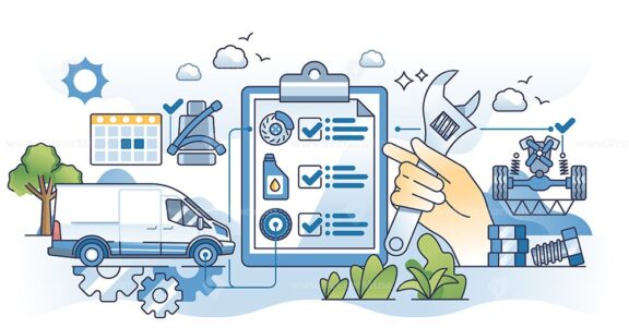 Fleet maintenance for logistic trucks working order outline hands concept