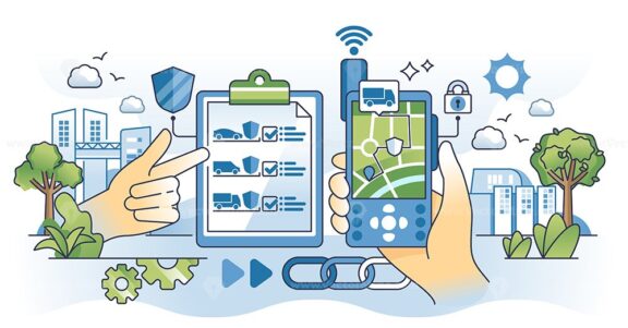 Fleet safety solutions with vehicles monitoring system outline hands concept