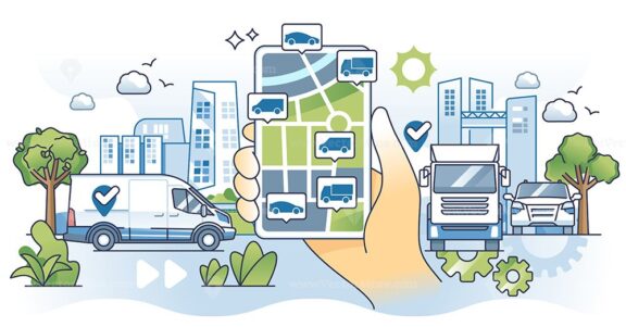 Fleet tracking with GPS location or navigation services outline hands concept