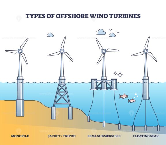 Floating wind turbine types for offshore power production outline diagram