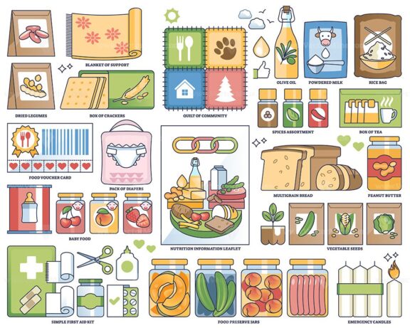 Food drive and grocery storage for charity giveaway outline collection set