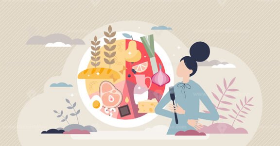 Food plate with balanced meal ingredients proportion tiny person concept