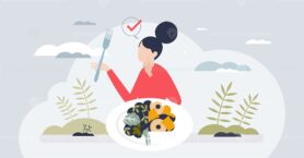 Food psychology and brain nutrition for mental health tiny person concept