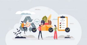 Food waste management and grocery leftovers separation tiny person concept