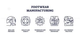 Icons representing skill, quality, technology, creativity, and eco-friendly practices in footwear manufacturing, outline icons set.