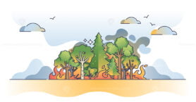 Forest fire disaster event with wild wood burning tragedy outline concept