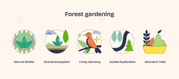 Forest gardening icons depict natural shelter, diverse ecosystem, and living harmony. Neubrutalism style
