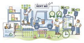 Forklift rental service and warehouse heavy equipment rent outline concept