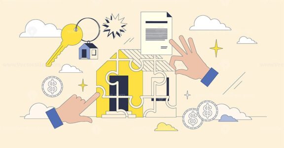 Fractional real estate and shared ownership neubrutalism hands collection set. Investor buy part of house property to share risks and profit together vector illustration. Home purchase documentation.