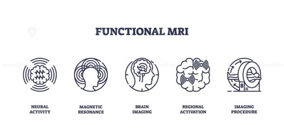Functional MRI icons show neural activity, brain imaging, and MRI scanner in a clear outline style. Outline icons set