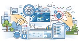 Functional testing and examining bugs in app system outline hands concept
