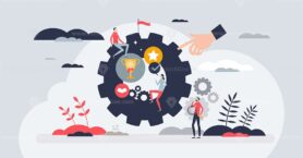 Gamification as engagement, motivation and fun strategy tiny person concept