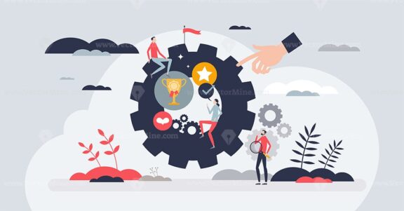 Gamification as engagement, motivation and fun strategy tiny person concept