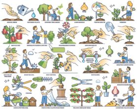 Garden activities and work tasks in agriculture outline collection set