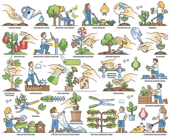 Garden activities and work tasks in agriculture outline collection set