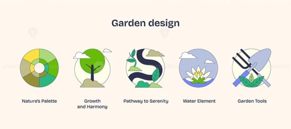 Garden design icons depict natures palette, growth, and tools in a Neubrutalism style.