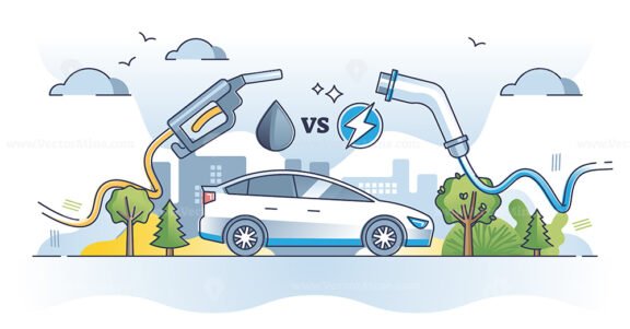Gasoline vs electric car with fossil oil or charged motor outline concept