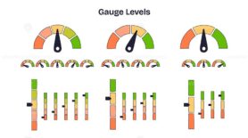 Gauge levels illustration shows meters, sliders, and dials indicating measurement and progress in a playful, hand-drawn look. Doodle style