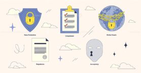 Neubrutalism style collection visualizes GDPR compliance with icons of data protection, compliance checklist, and global reach.