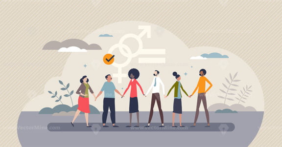 Gender equality and same rights for male and female tiny person concept
